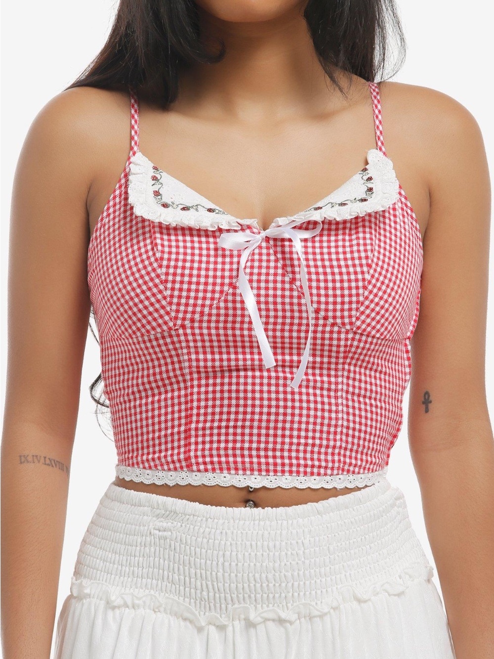 Red Gingham Lace-Trim Camisole with Bow
